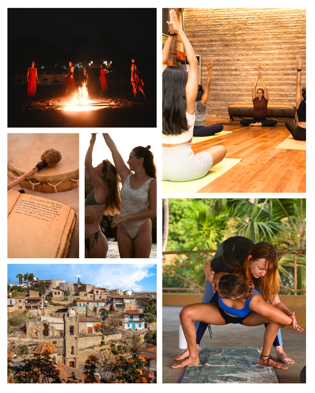Collage mit verschiedenen Retreat-Momenten: Frauen tanzen am Lagerfeuer, meditieren in einem Yogastudio, genießen Verbindung am Strand, nehmen an Zeremonien teil, erkunden ein zypriotisches Dorf und praktizieren achtsames Yoga.