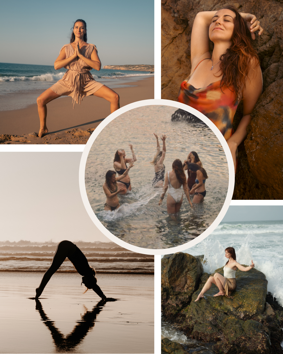 Collage mit Frauen in Verbindung mit Wasser, Natur und sich selbst: Yoga-Posen am Strand, Frauen tanzen im Meer, sinnliche Portraits in Felsenlandschaften, Selbstfürsorge und Freude in weiblicher Energie.